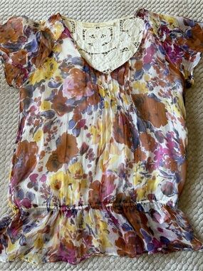 Gibson Short Sleeve Floral Lace-Trim Chiffon Dress Top - Multi
